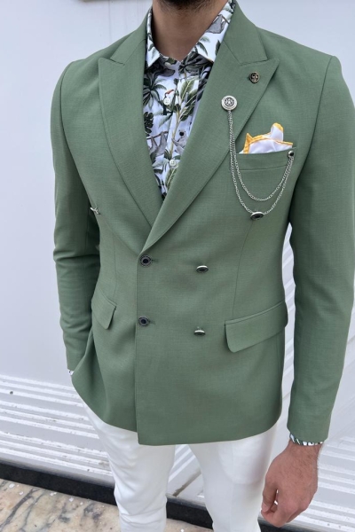 Green Slim Fit Double Breasted Linen Blazer for Men by GentWith.com with Free Worldwide Shipping