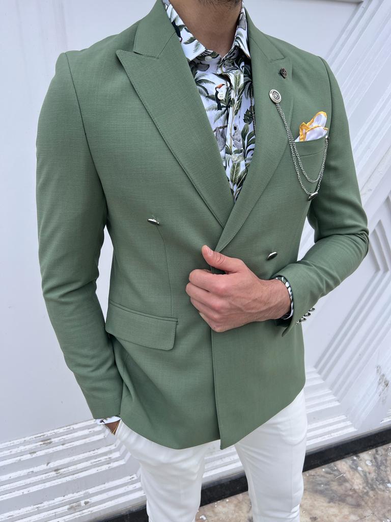 Green Slim Fit Double Breasted Linen Blazer for Men by GentWith.com with Free Worldwide Shipping