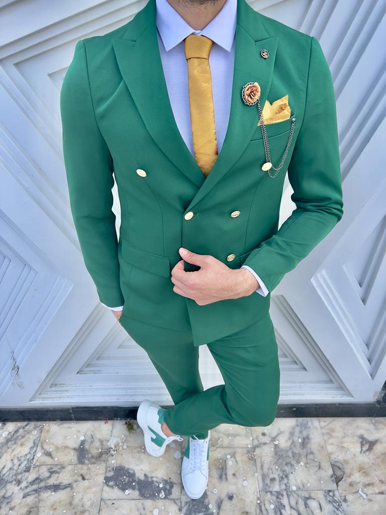 Green Slim Fit Pinstripe Double Breasted Suit for Men by GentWith.com with Free Worldwide Shipping