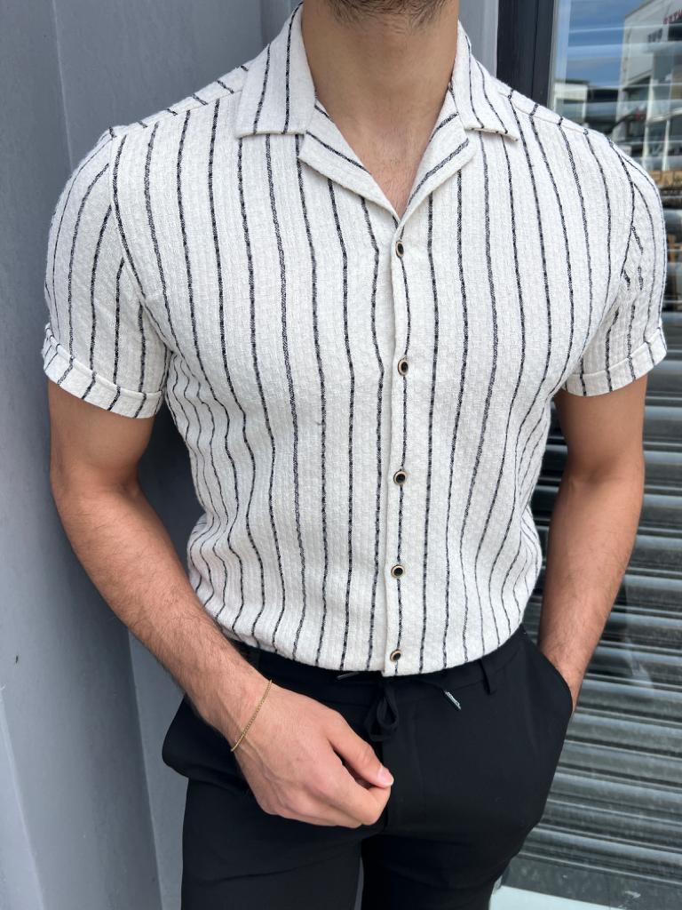 Off White Slim Fit Short Sleeve Striped Cotton Shirt for Men by GentWith.com with Free Worldwide Shipping