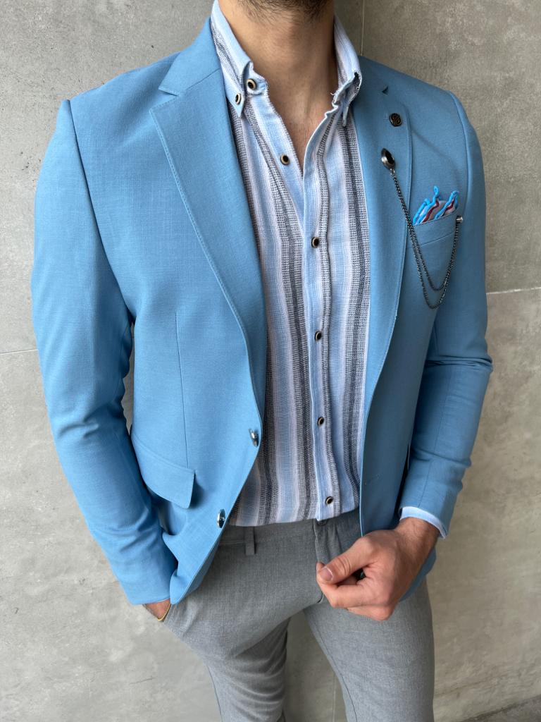 Blue Linen.  Blue blazer outfit men, Blue blazer men, Light blue