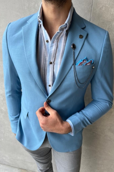 Sky Blue Slim Fit Notch Lapel Linen Blazer for Men by GentWith.com with Free Worldwide Shipping