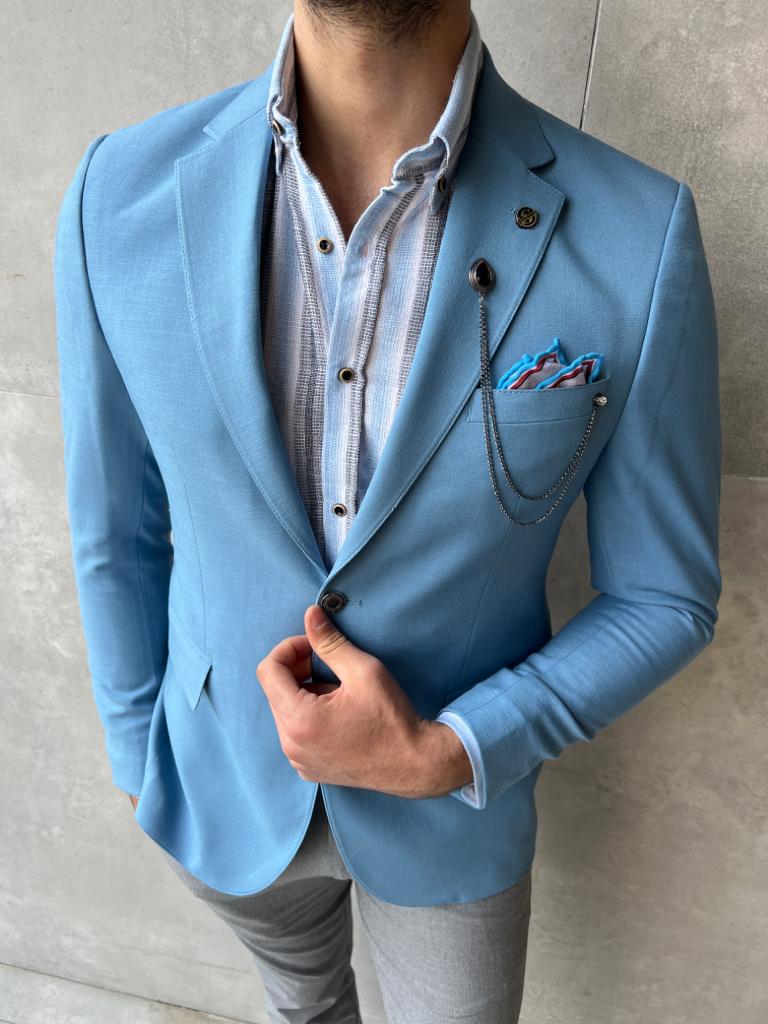 Sky Blue Slim Fit Notch Lapel Linen Blazer for Men by GentWith.com with Free Worldwide Shipping