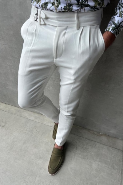 White Slim Fit Buckle Pants for Men by GentWith.com with Free Worldwide Shipping