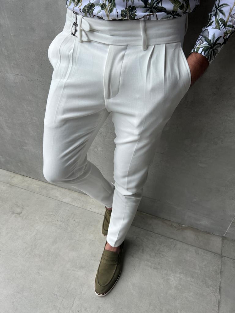 White Slim Fit Buckle Pants for Men by GentWith.com with Free Worldwide Shipping