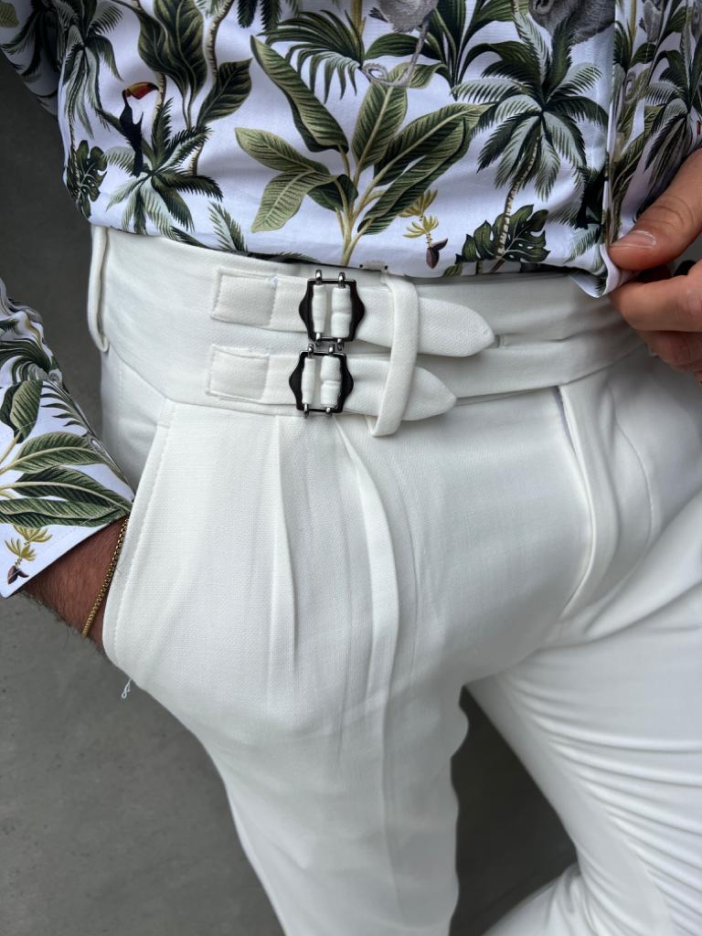 White Slim Fit Buckle Pants for Men by GentWith.com with Free Worldwide Shipping