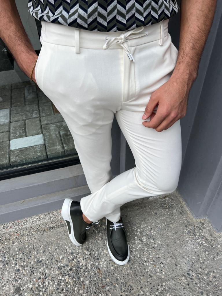 White Slim Fit Rope Pants for Men by GentWith.com with Free Worldwide Shipping