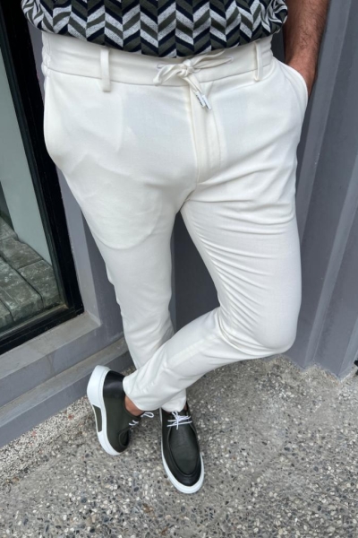 White Slim Fit Rope Pants for Men by GentWith.com with Free Worldwide Shipping