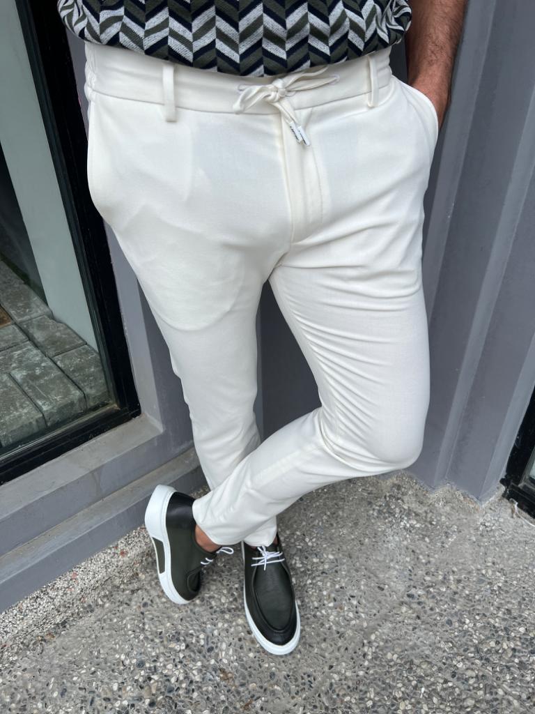 White Slim Fit Rope Pants for Men by GentWith.com with Free Worldwide Shipping
