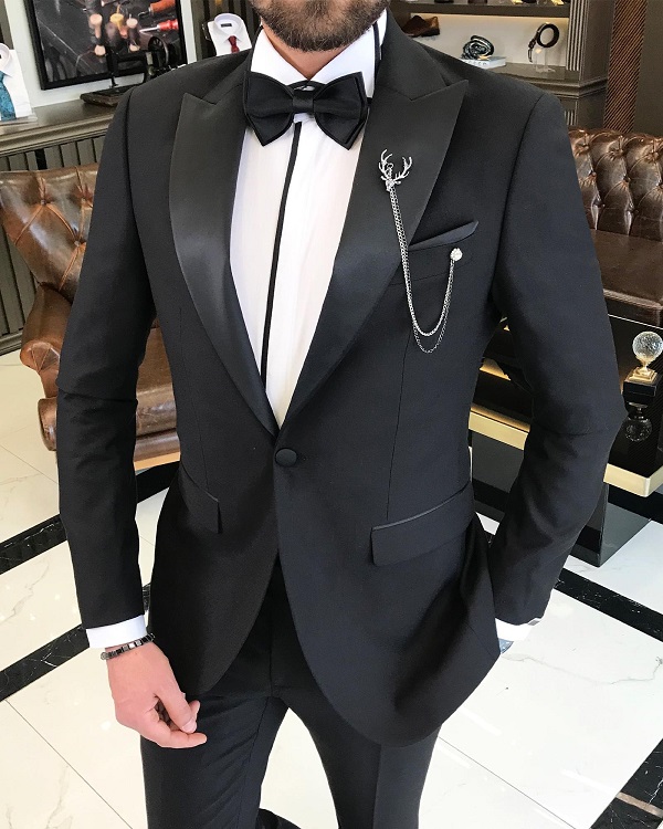 Black Slim Fit Peak Lapel Wedding Tuxedo for Men by GentWith.com with Free Worldwide Shipping