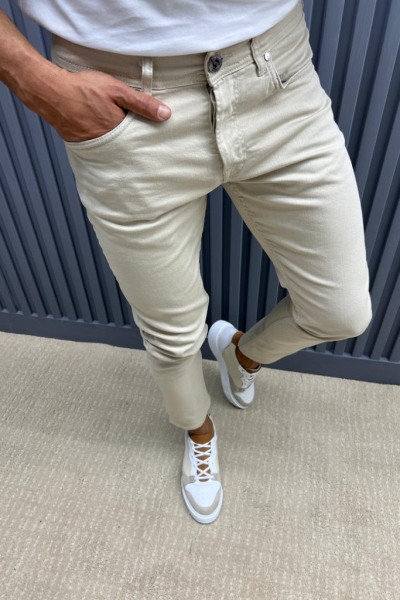 Beige Slim Fit Jeans for Men by GentWith.com with Free Worldwide Shipping