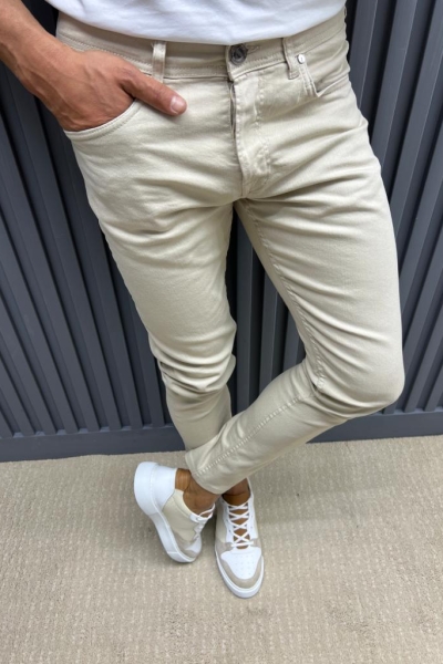 Beige Slim Fit Jeans for Men by GentWith.com with Free Worldwide Shipping