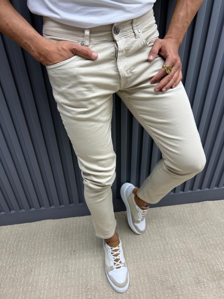 Beige Slim Fit Jeans for Men by GentWith.com with Free Worldwide Shipping