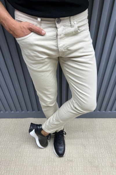 Cream Slim Fit Jeans for Men by GentWith.com with Free Worldwide Shipping