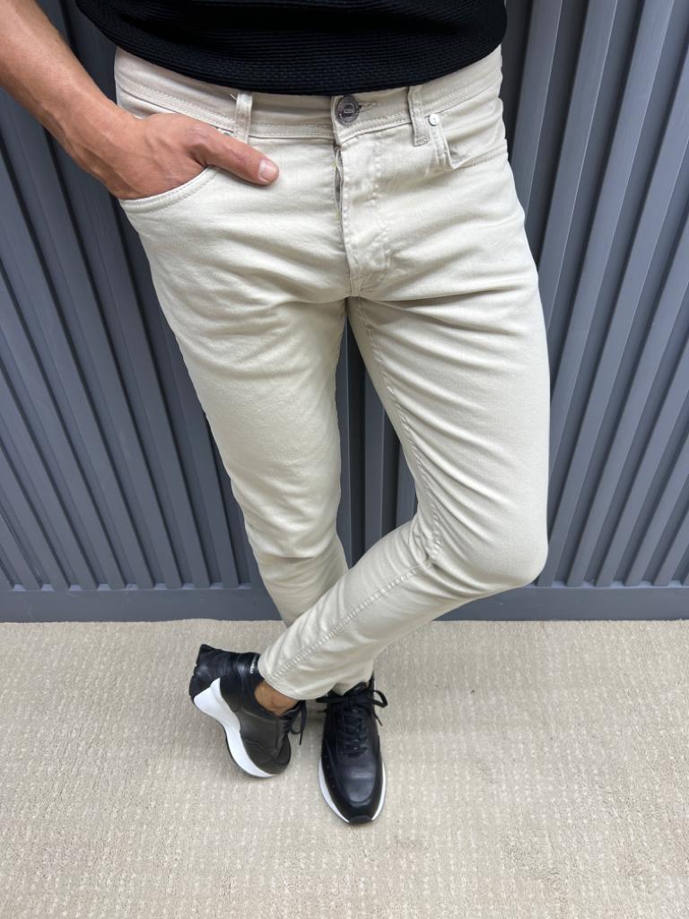 Cream Slim Fit Jeans for Men by GentWith.com with Free Worldwide Shipping