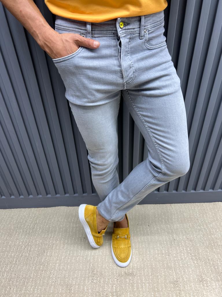 Gray Slim Fit Jeans for Men by GentWith.com with Free Worldwide Shipping
