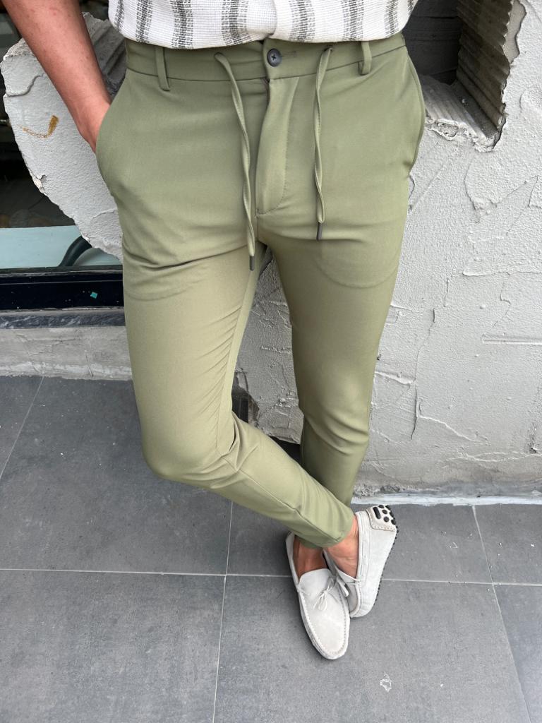 Green Slim Fit Rope Pants for Men by GentWith.com with Free Worldwide Shipping