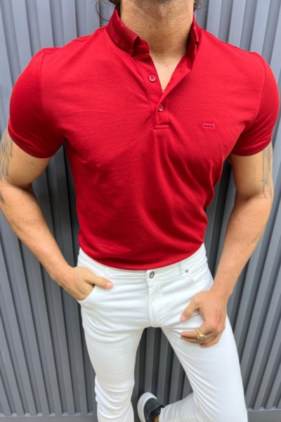 Red Slim Fit Knitwear Polo T-Shirt for Men by GentWith.com with Free Worldwide Shipping