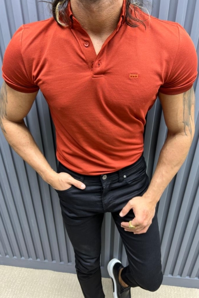 Rust Slim Fit Knitwear Polo T-Shirt for Men by GentWith.com with Free Worldwide Shipping