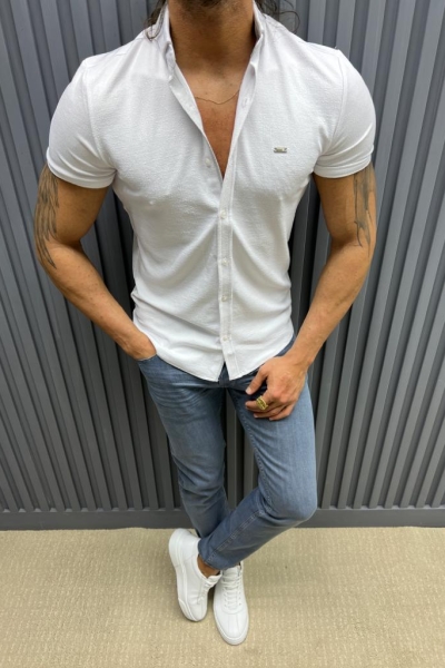 White Slim Fit Short Sleeve Shirt for Men by GentWith.com with Free Worldwide Shipping