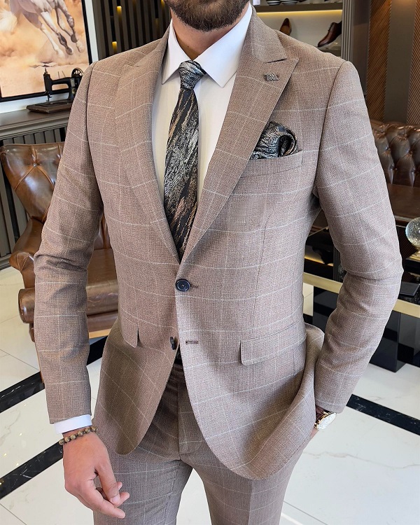 GentWith Bristol Brown Slim Fit 2 Piece Peak Lapel Check Suit - GENT WITH