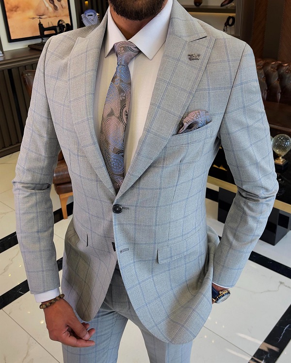 GentWith Bristol Gray Slim Fit 2 Piece Peak Lapel Check Plaid Suit ...