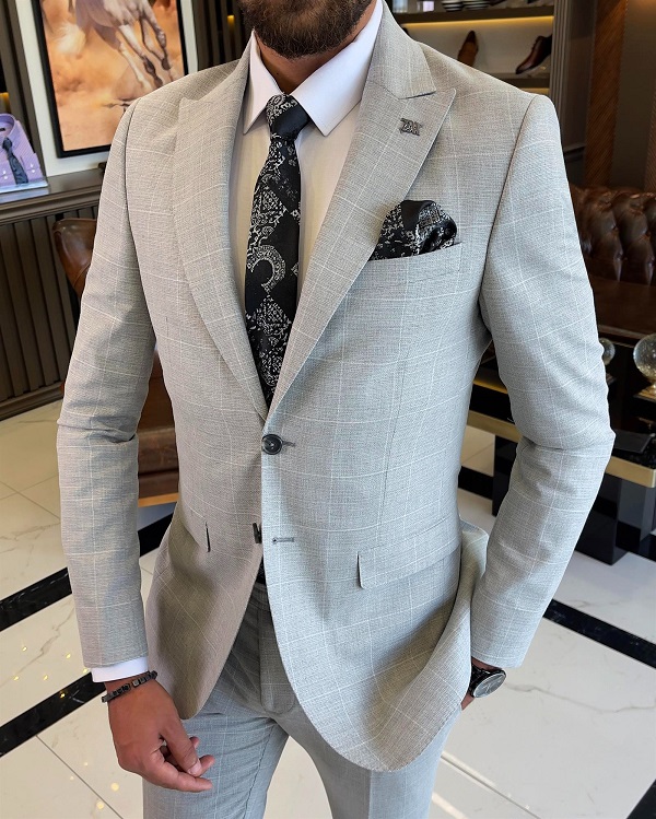 GentWith Bristol Gray Slim Fit 2 Piece Peak Lapel Check Suit - GENT WITH