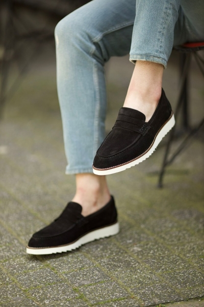 Men Black Suede Penny Loafers