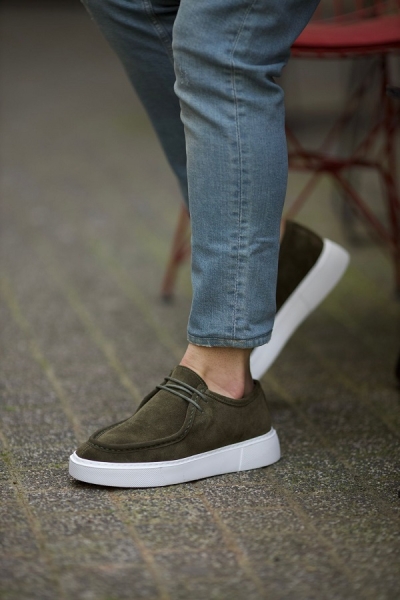 Men Green Suede Laced Slip-On Shoes