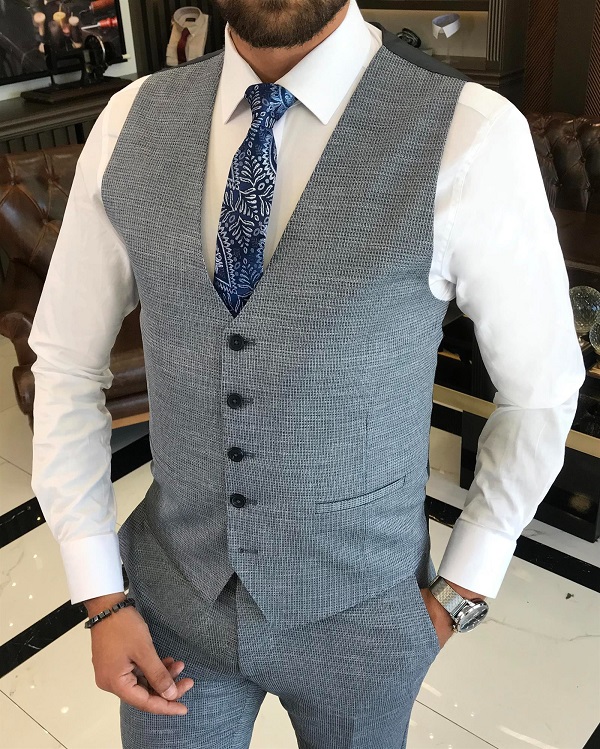 Men Blue Slim Fit 3 Piece Peak Lapel Patterned Suit