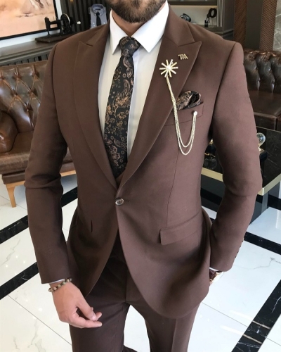Men Brown Slim Fit 3 Piece Peak Lapel Suit