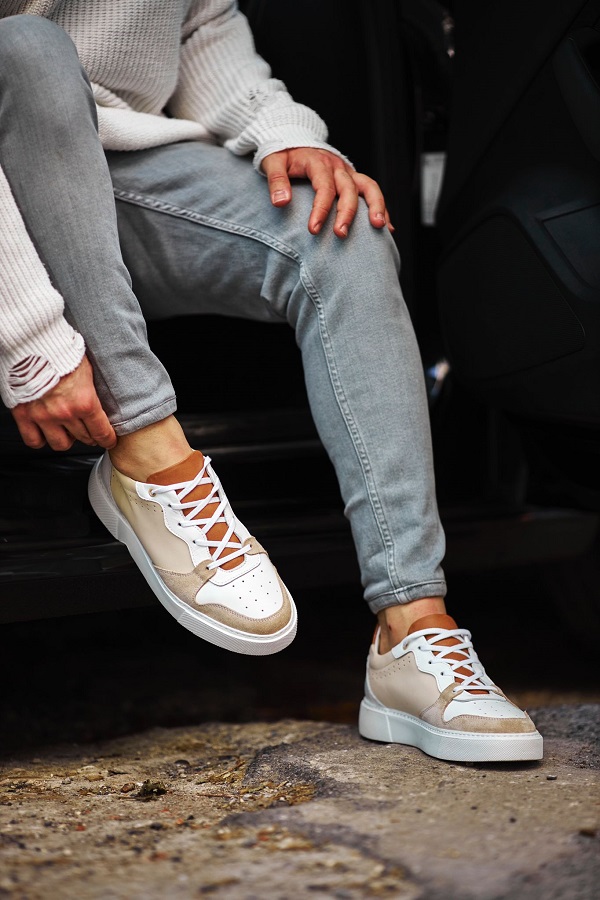 Beige White Low Top Sneakers for Men by GentWith.com with Free Worldwide Shipping
