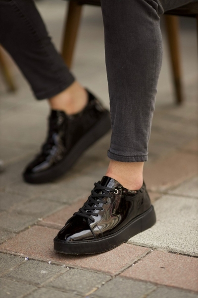 Black Patent Leather High Top Sneakers for Men