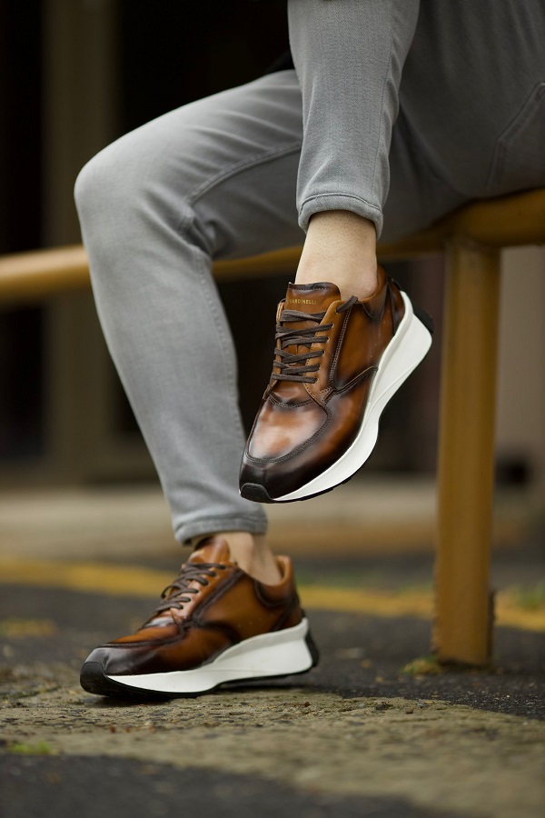 Brown Mid Top Laced Sneakers for Men by GentWith.com with Free Worldwide Shipping