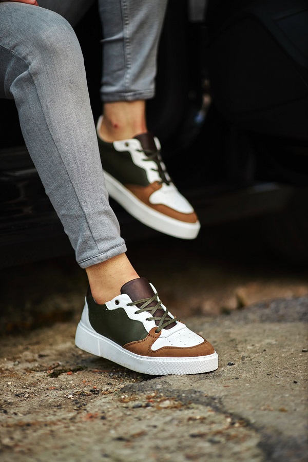 Camel Green Low Top Sneakers for Men by GentWith.com with Free Worldwide Shipping