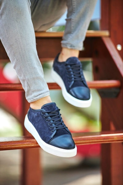 Navy Blue Mid Top Cap Toe Sneakers for Men by GentWith.com with Free Worldwide Shipping