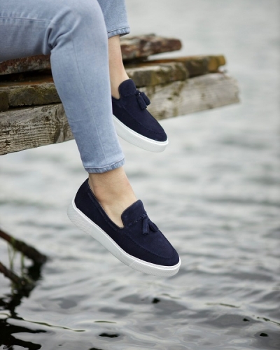 Navy Blue Suede Tassel Loafers for Men by GentWith.com with Free Worldwide Shipping