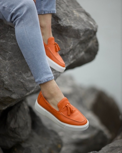 Orange Tassel Loafers for Men by GentWith.com with Free Worldwide Shipping