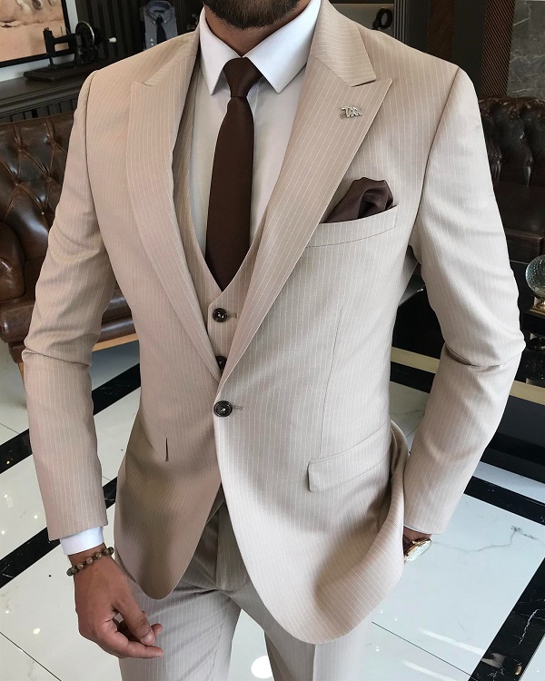 Beige Slim Fit 3 Piece Suit for Men by GentWith
