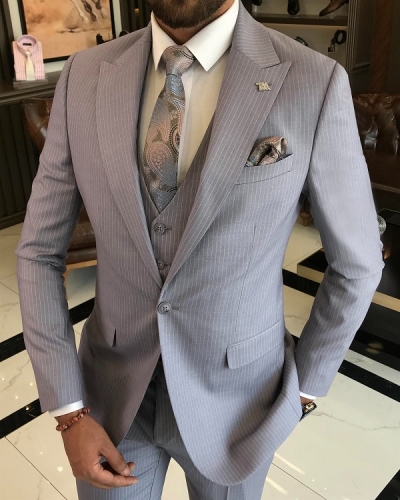 Men Blue Slim Fit 3 Piece Peak Lapel Pinstripe Suit