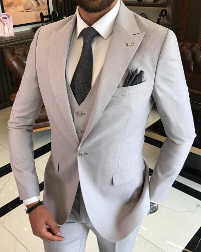 Men Light Gray Slim Fit 3 Piece Peak Lapel Pinstripe Suit