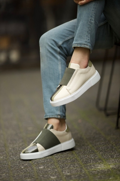 Men Beige Green Laceless Slip-On Sneakers