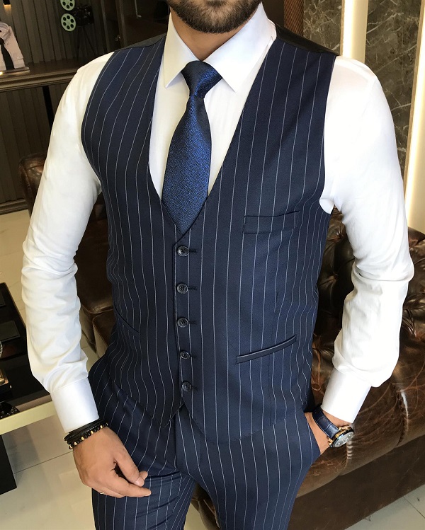 Blue Slim Fit 3 Piece Pinstripe Suit for Men by GentWith