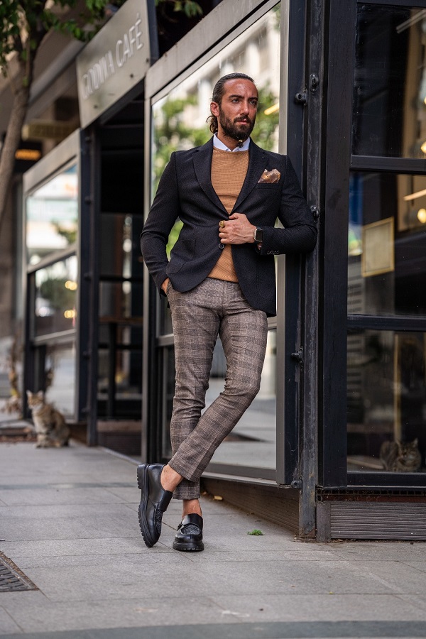 Black Slim Fit Textured Blazer for Men