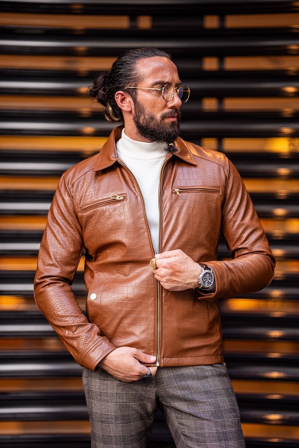 GentWith Rapid Tan Slim Fit Zipper Leather Jacket 