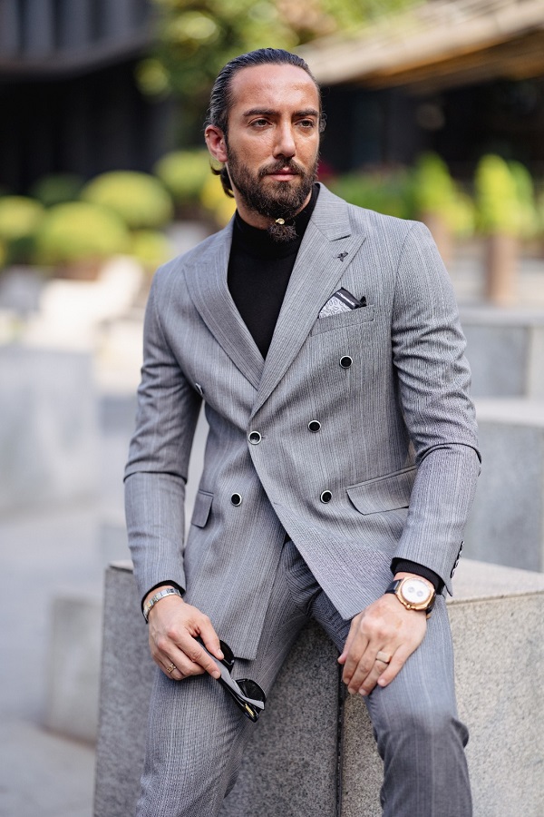 GentWith Rapid Gray Slim Fit Peak Lapel Double Breasted Striped Suit