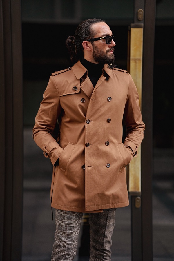 Camel Slim Fit Double Breasted Long Coat by gentwith