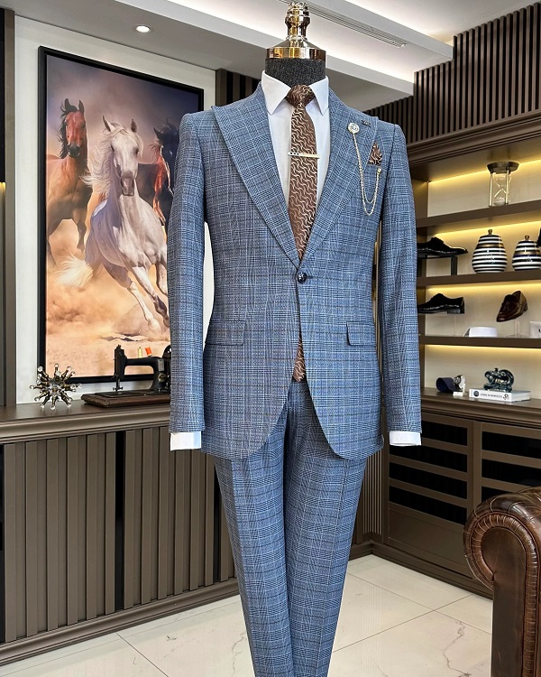 Blue Slim Fit 2 Piece Plaid Suit for Men by GentWith