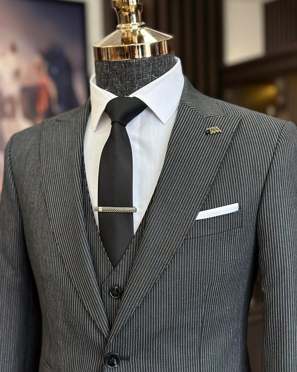 Dark Gray Slim Fit 3 Piece Pinstripe Suit for Men by GentWith