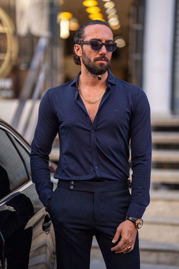 Navy Blue Slim Fit Textured Cotton Shirt by GentWith